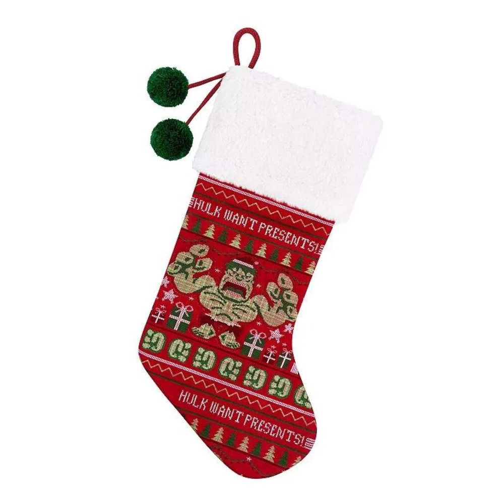 Marvel Hulk‎ Want Presents Christmas Stocking Red Sherpa Trim Poms NWT